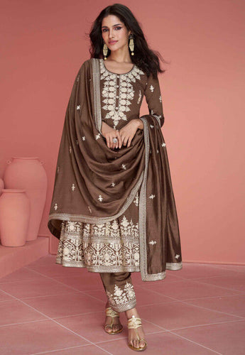 Embroidered Art Silk salwaar Suit in brown