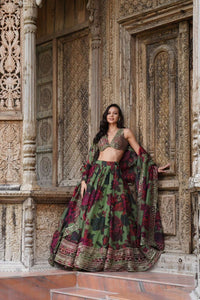 Floral shaded organza silk lehenga in green