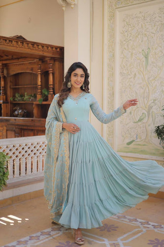 Pastel 5 layer gowns with sequinned dupatta in sky blue