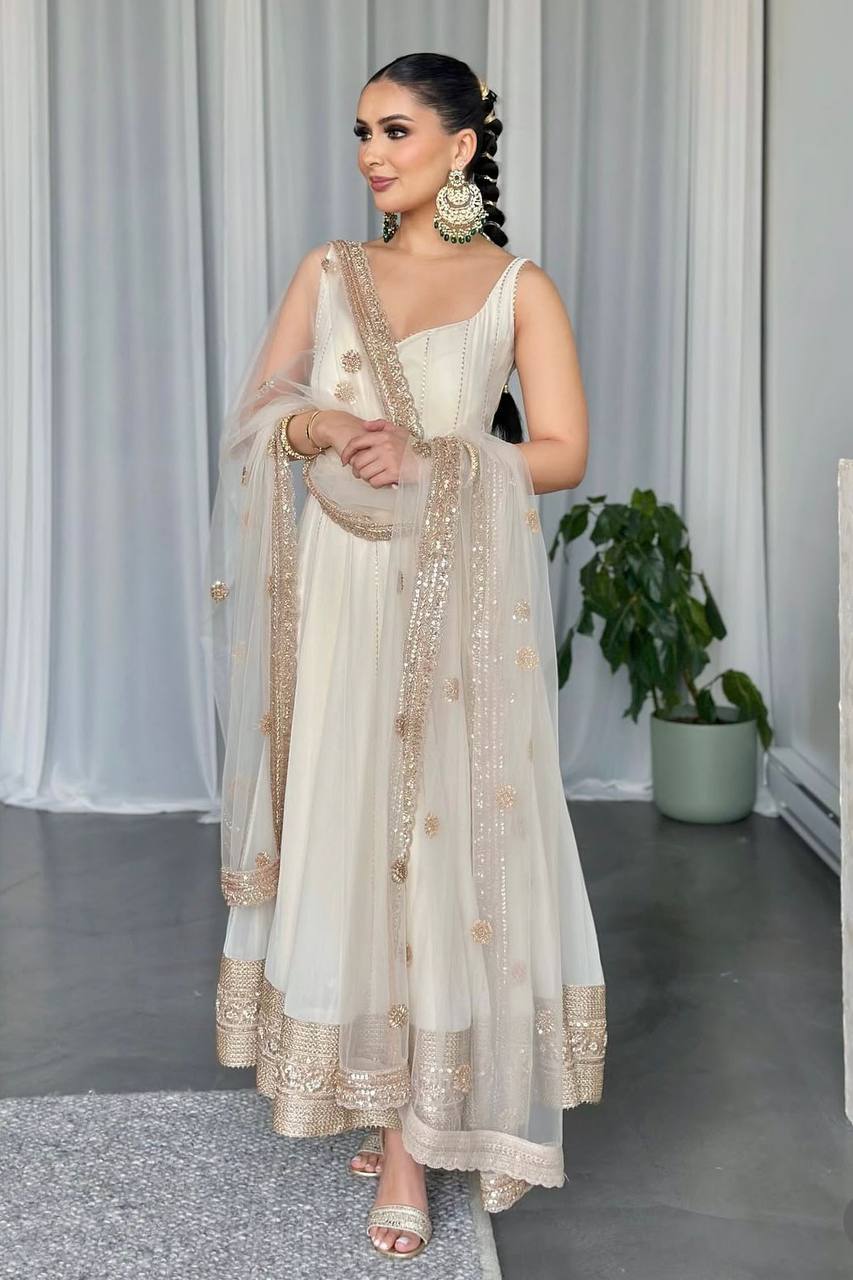 White georgette gown with gold sequins
