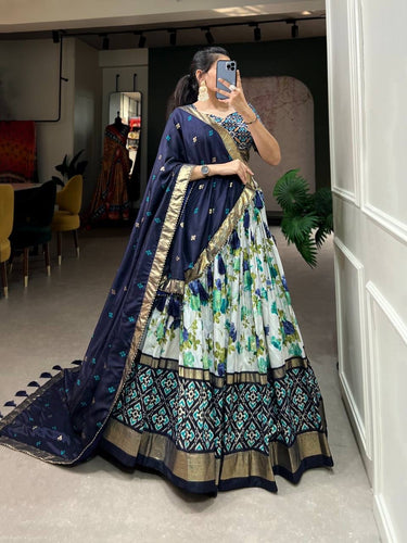 Tussar silk floral and patola print Lehenga in navy blue