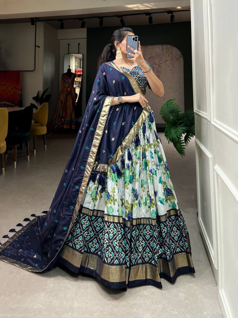 Tussar silk floral and patola print Lehenga in navy blue