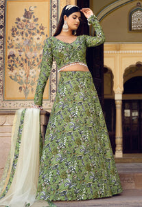 Pista green floral silk Lehenga (skirt stitched)