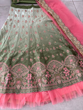 Royal embroidered ombre lehenga set in sage green and blush pink
