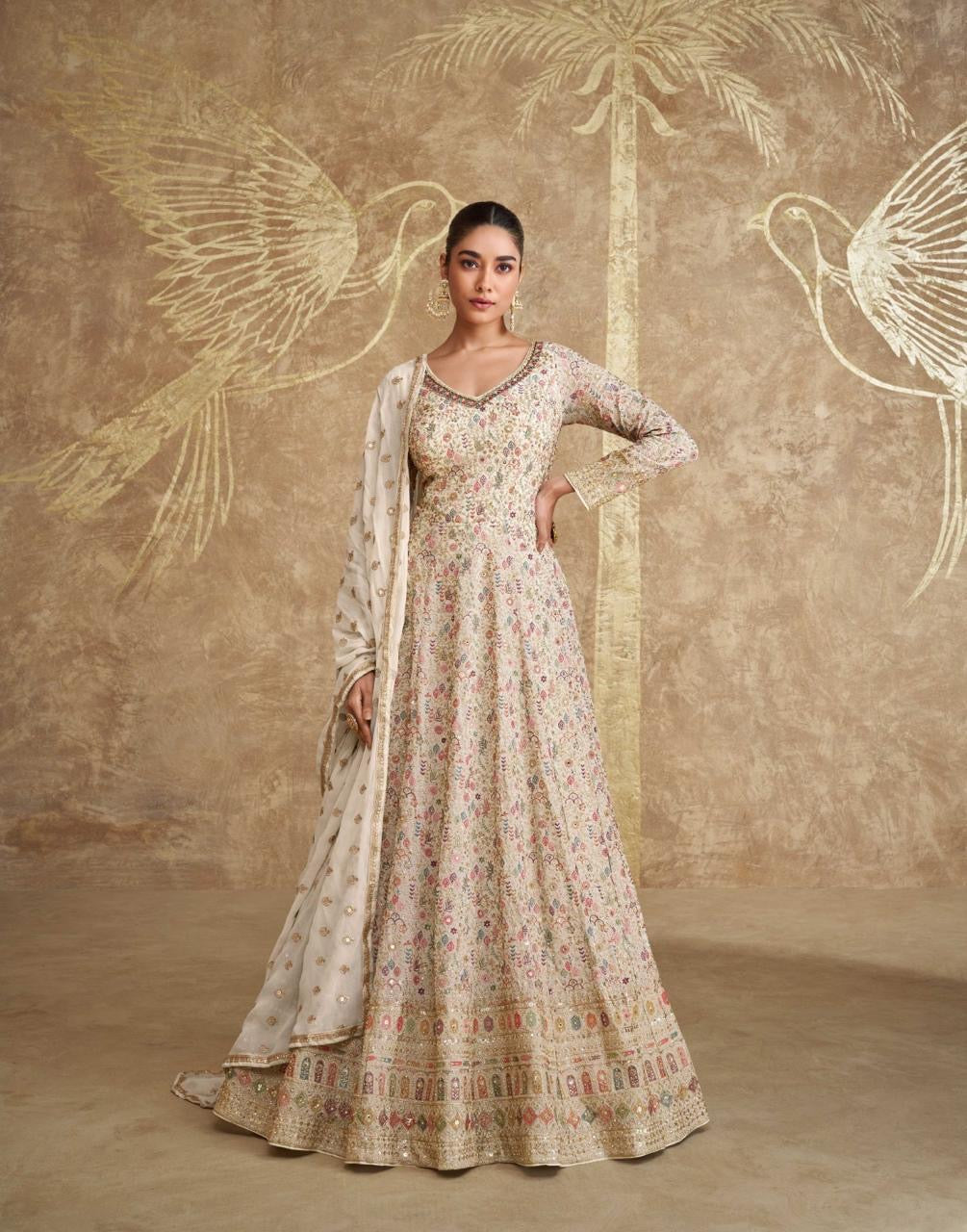 Janisha -  off white sparkly georgette anarkali suit readymade
