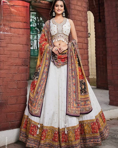 Elegant white embroidered Chaniya Choli with colourful dupatta