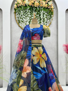 Tabby silk blue organza printed Lehenga