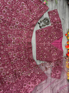 Pink embellished chinon silk Lehenga