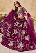 Purple sequins leaf embroidered silk Lehenga