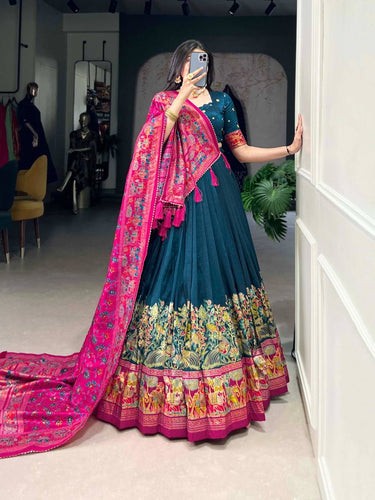 Tussar silk elephant and peacock design in blue (skirt stitched)