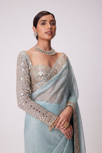 Sky blue mirror work saree