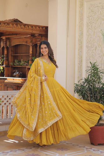 Pastel 5 layer gowns with sequinned dupatta in yellow