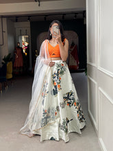 Indo western style - White zari satin digital print Lehenga (orange blouse piece)
