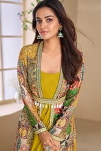 Mustard gown with multicoloured jacket and belt