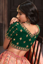 Royal collection- coral pink and bottle green banarasi silk Lehenga