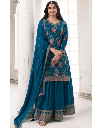 Fusion in fashion - embroidered chinon silk floral suits