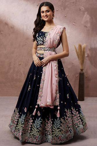 Navy blue dori embroidered silk Lehenga