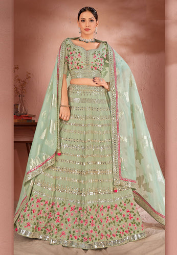 Pista green georgette wedding Lehenga