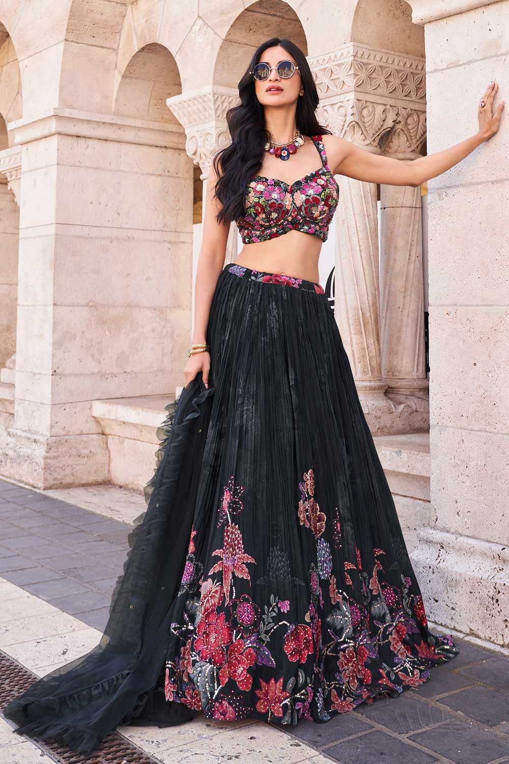 Black chinon crush silk readymade Lehenga