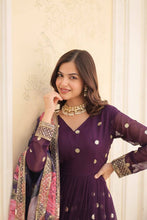 Georgette purple gown with floral dupatta