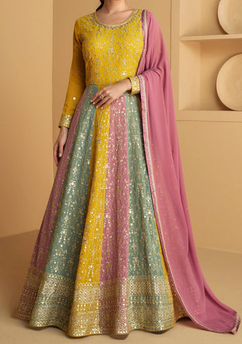 Colourful yellow Georgette anarkali