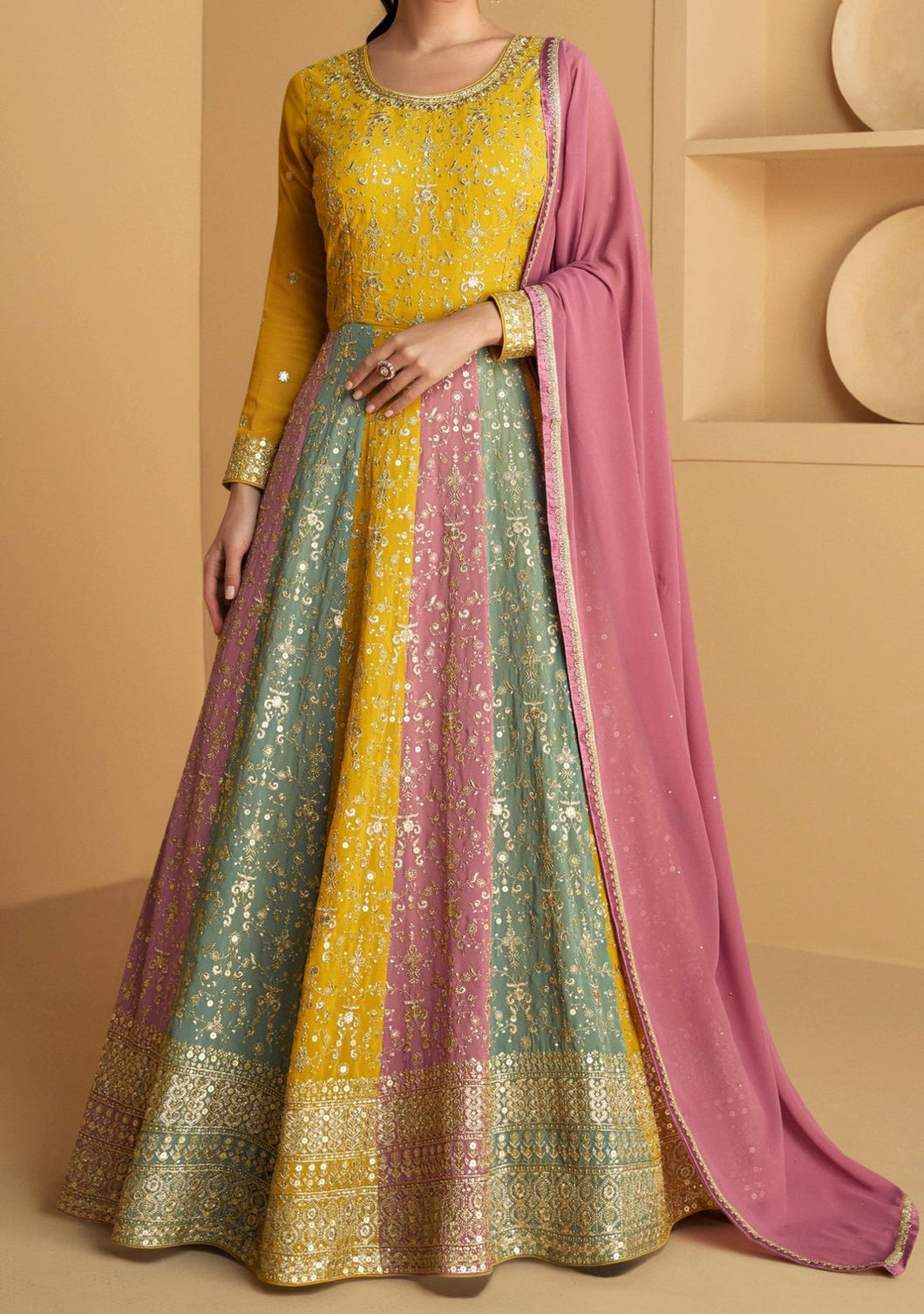 Colourful yellow Georgette anarkali