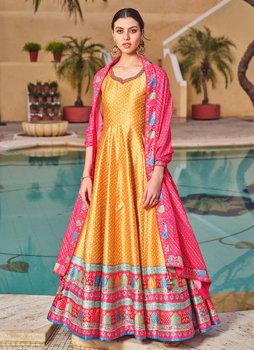 Yellow pink embroidery and printed Dola silk gown