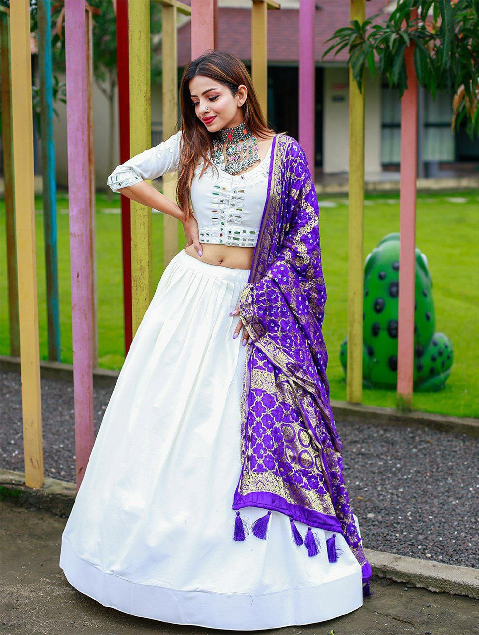Pure cotton white readymade Lehenga with original bandhej