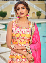Yellow multicoloured embroidery and printed Dola silk gown