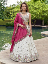White and rani pink chiffon embroidered Lehenga