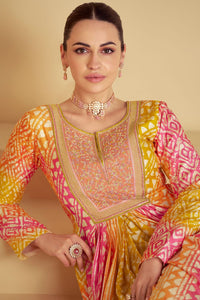 Multicoloured embroidered mustard and pink muslin anarkali
