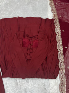 Maroon Roman silk anarkali set readymade