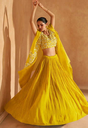 Yellow chinon silk Lehenga with koti