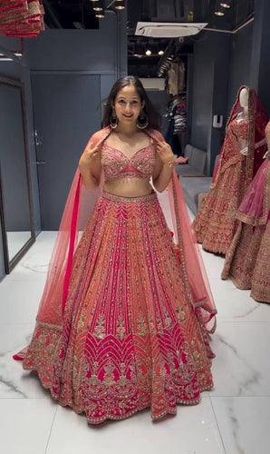 Embroidered peach and pink mirror look Lehenga