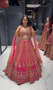 Embroidered peach and pink mirror look Lehenga