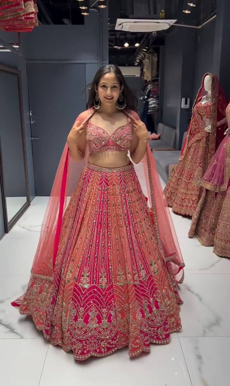 Embroidered peach and pink mirror look Lehenga