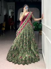 Bottle green Tussar silk foil printed lehenga (skirt stitched)