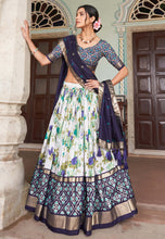 Tussar silk floral Lehenga in navy blue