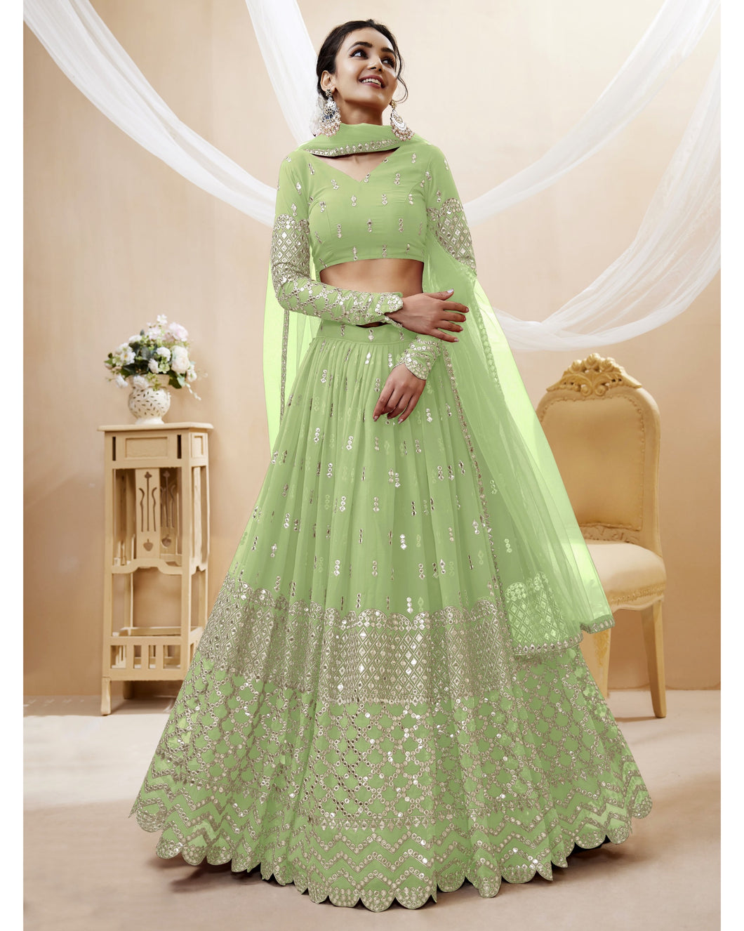 Tanaya - light green zari sequins georgette Lehenga (long sleeves possible)