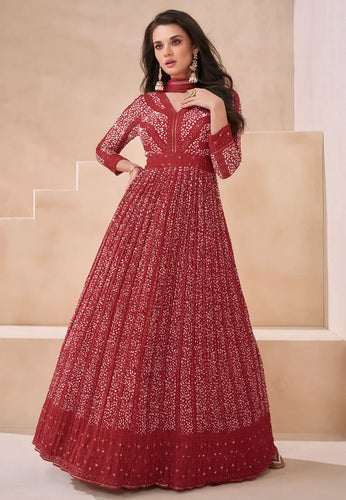 Janisha - maroon printed georgette anarkali suit readymade