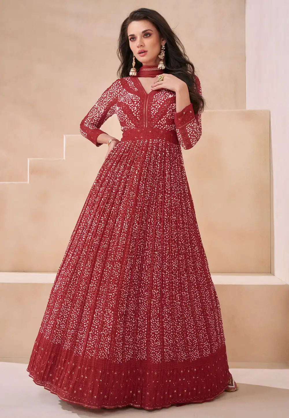 Janisha - maroon printed georgette anarkali suit readymade