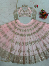Baby pink and gold motifs butterfly net Lehenga