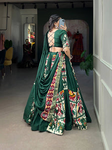 Rayon and printed silk Lehenga choli in dark green - readymade