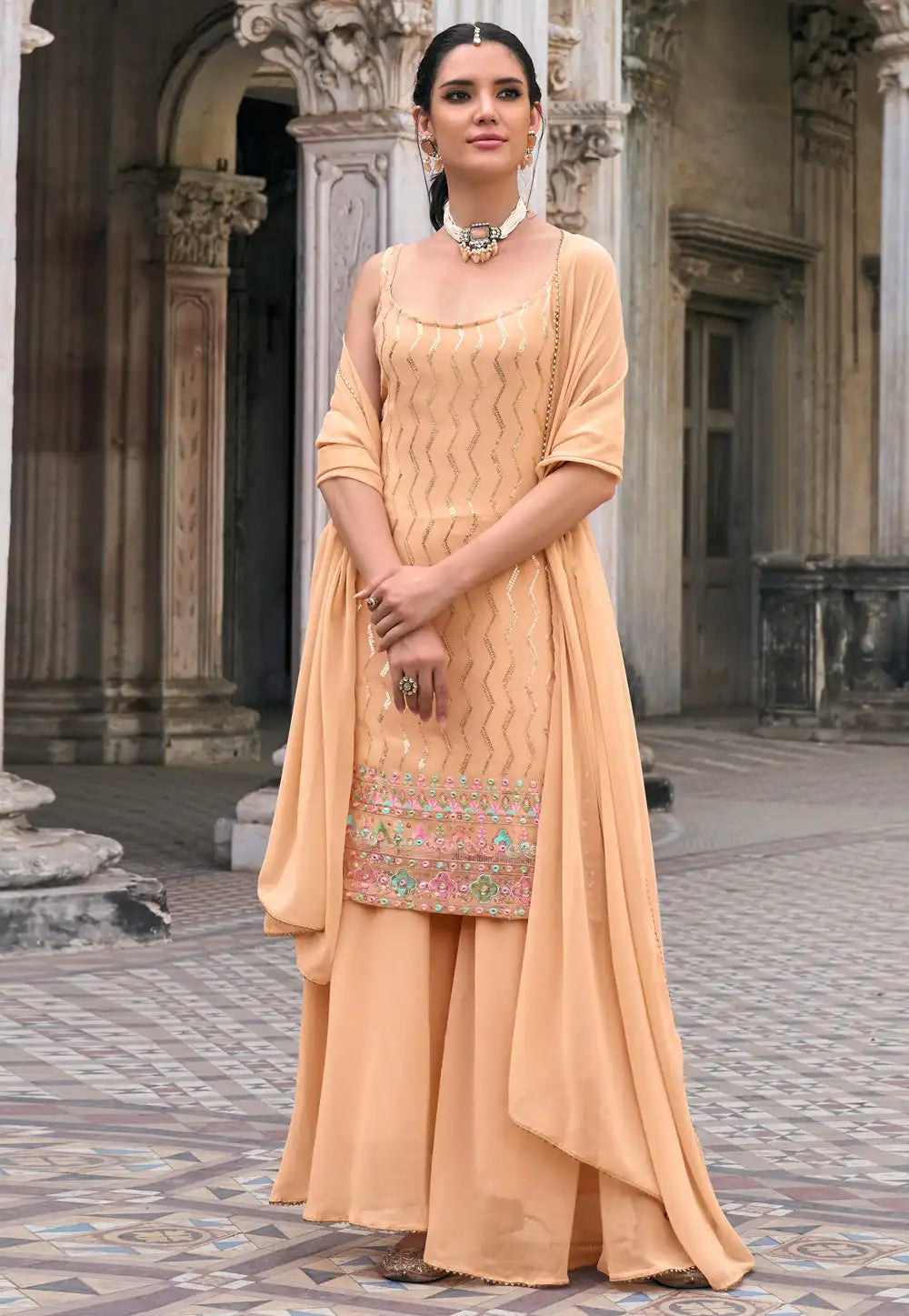 Peach georgette flared sharara (sleeves available) (plus size too)
