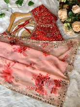Peach and red mirror work floral saree