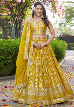 Warming yellow dola silk jacquard Lehenga