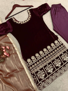 Deep purple viscose velvet readymade salwaar kameez