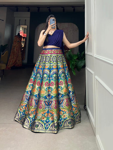 Indo western: Blue and sleek banarasi Lehenga