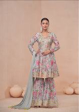 Pastel floral digital chinon sharara set in sky blue - readymade