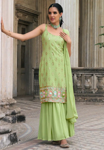 Pista green georgette flared sharara (sleeves available) (plus size too)
